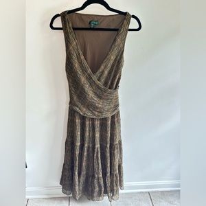 Ralph Lauren Size 10 Dress 100% Silk Print Boho MIDI Green Brown